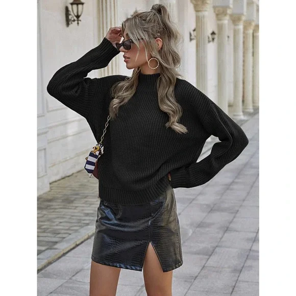 minimalist Ribbed Knit Mock Neck Sweater preppy black - Picture 6 of 9